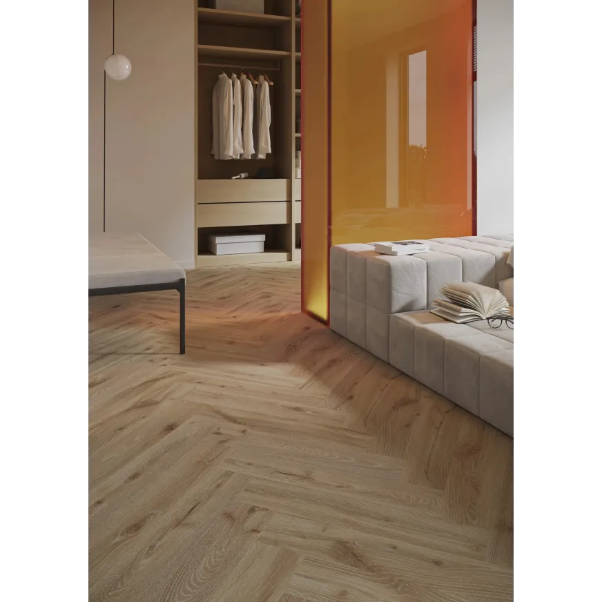 Rakinamos vinilinės grindys eglute Barlinek Next Step Herringbone DP5000031 Desert Oak