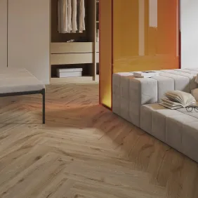 Rakinamos vinilinės grindys eglute Barlinek Next Step Herringbone DP5000031 Desert Oak